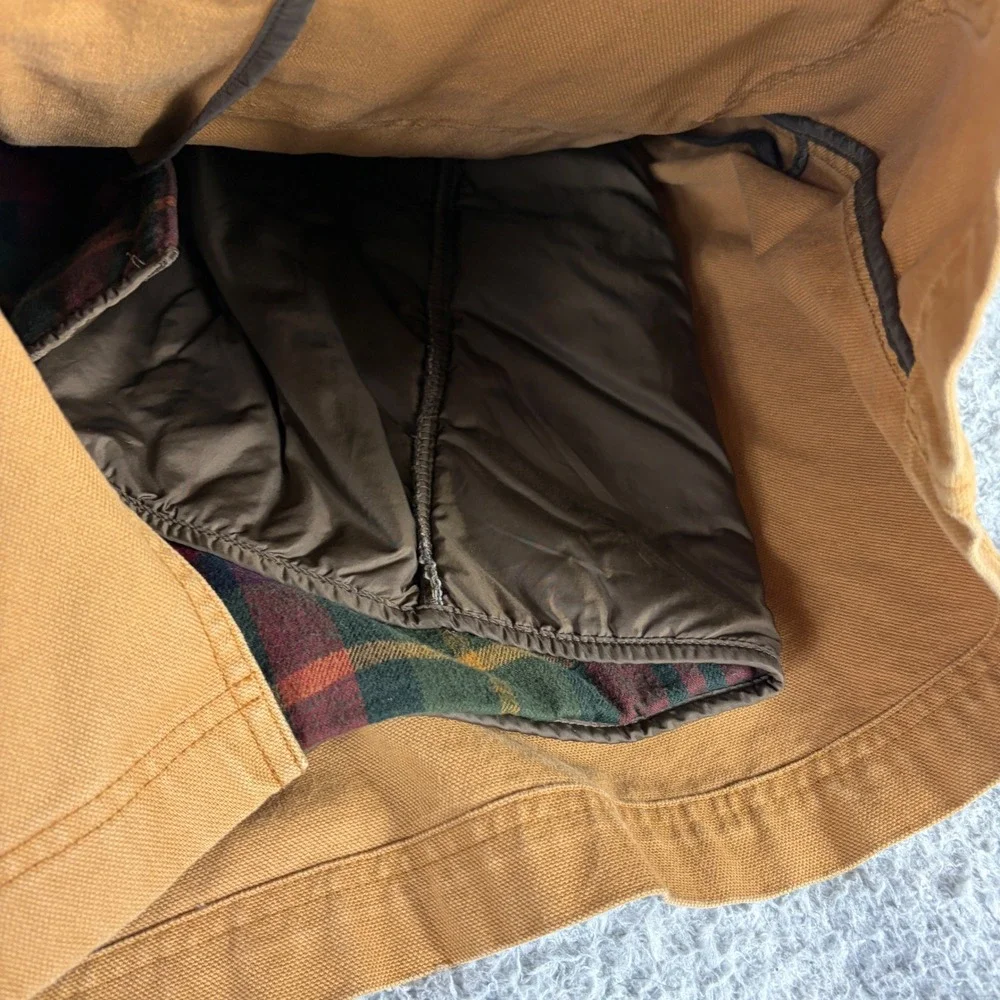 LL Bean Mens Original Field Coat Tan Canvas Primaloft Plaid Lined Jacket L Reg